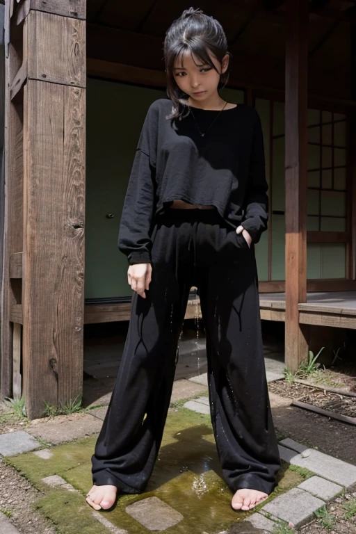 Japanese Girl sees the ghost and pees her black palazzo pants until her pants are wet in fright.