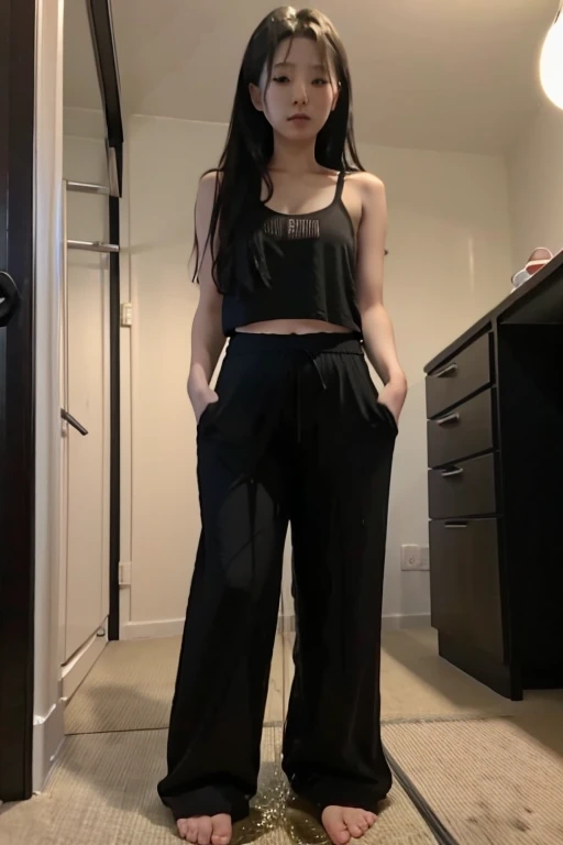 Malay Girl thin body sees the ghost and pees her black palazzo pants until her pants are wet in fright.