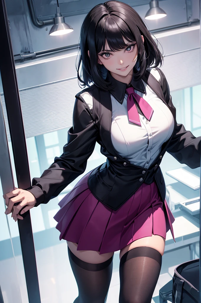 womam,woman,solo,juri han, work of art, tight white secretary shirt with black tie, black high waist skirt, short skirt, black hair, black tights,evil smile,office,franja nos olhos,lighting,chifre de cabelos,view from above,olhando para cima,maquiagem nos olhos
