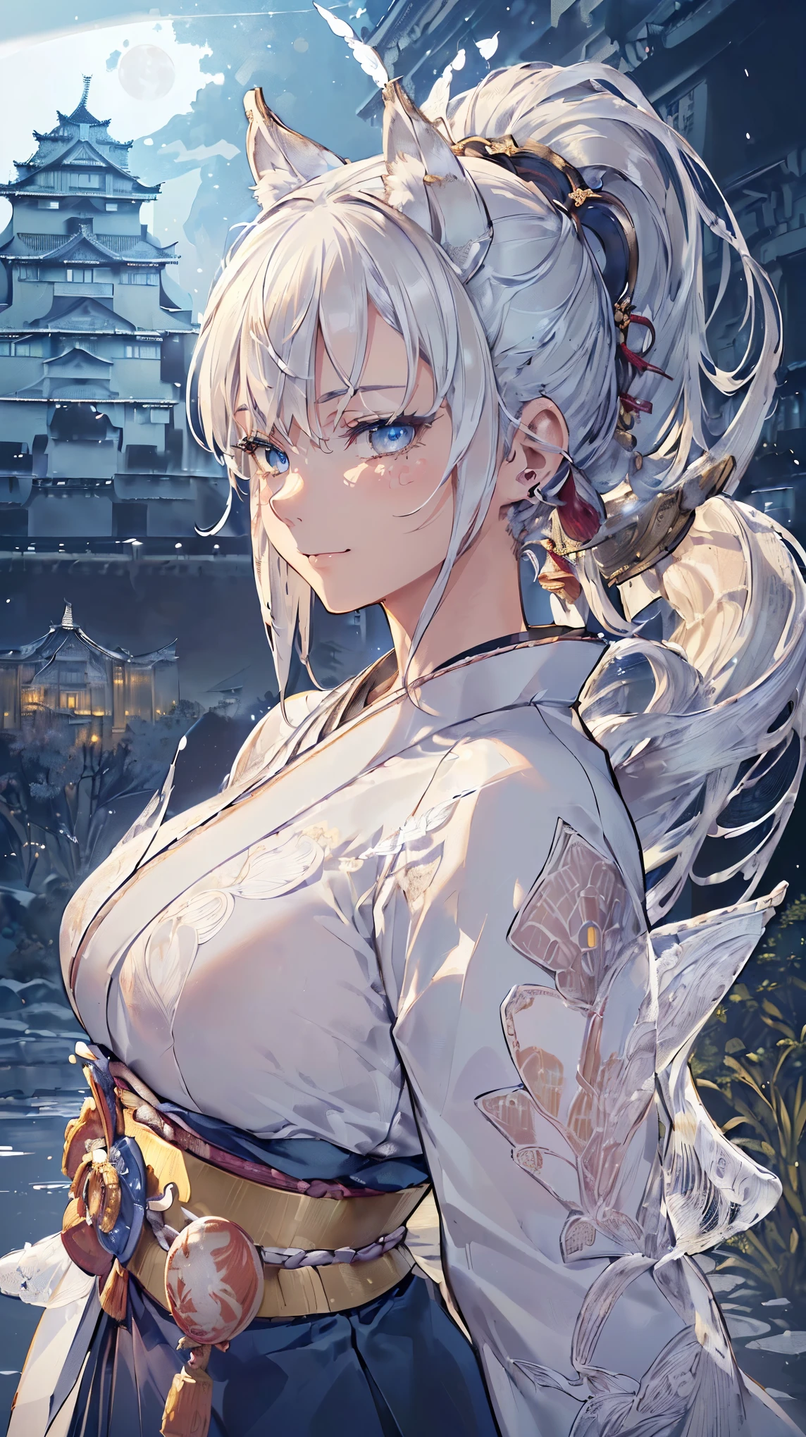 (((Masterpiece))), (((Highest quality))), ((Ultra-detailed)), ((Super fine illustration)), ((Ultra-fine painting)), (16K highest quality wallpaper:1.4), (Upper body:1.4), HDR, (Highly detailed and delicate illustration style:1.8), Detailed skin texture, Detailed cloth texture, Extreme detailed description, (T-masterpiece), (Highly detailed face:1.4), (Highly detailed silver fox ears:1.3), (Highly detailed beautiful ponytail:1.2), (Highly detailed beautiful eyes:1.2), Original, RAW photo, Professional, Intricate details, Super details, Direct light:1.6, (Perfect anatomy:1.4), (Highly detailed hands:1.2), (Highly detailed fingers:1.2), (Highly detailed fingertips:1.2), (27-years-old), Real, (Solo:1.8), ((A very beautiful and attractive silver fox fashion model:1.4)) BRAKE (Beautiful and adorable silver fox ears:1.6), (Highly detailed and delicate silver fox ears:1.4), (Beautiful and well-shaped big breasts:1.2), (Beautiful and well-shaped buttocks), (Beautiful and shiny silver ponytail:1.4), (Highly detailed and delicate silver ponytail:1.2), (Beautiful and clear blue eyes:1.6), (Highly detailed and delicate blue eyes:1.4), (Highly detailed face:1.4), (Smile:1.5), (Blush:1.2), (Looking at viewer:1.4) BRAKE (Dark colored highly detailed kimono armor:1.4), (Dark colored highly detailed long hakama armor:1.4), (Japanese traditional costume:1.2) BRAKE  (Concept art:1.2), (Detailed fantasy art:1.2) BRAKE ((Highly detailed and delicate Japanese castle background:1.6), Japanese style castle:1.4, Highly detailed and beautiful moon and starry sky background:1.4) BRAKE 