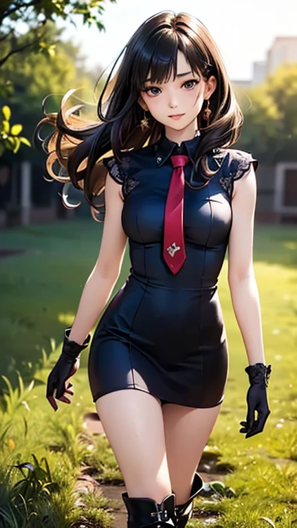 A girl is posing for a photo, cute女の子, Enchanting girl, Anime Girls, 
(((One Girl, Baby Face, cute, 16 years old))), 

(smile), 
(noon、(A garrison in the sunlight、grass)), ((Walking、Cowboy Shot))
BREAK 

(Black Hair、Hair blowing in the wind、Curly Hair、Long Hair), (black eye, Very droopy eyes), BREAK 

(((m1l1t4ry, Red tie, Black long gloves, Black Dress, High heel boots, hunting)))、Earrings、
BREAK 

(Symmetrical facial features, Perfect Face), (Beautiful breasts, (Ｃcup)), 
Beautiful body, Beautiful clavicle, Beautiful thighs, Beautiful feet, Perfect round butt, (Beautiful fingers), (((Detailed skin, Oily skin, Textured skin, Beautiful Skin))), 

Double eyelids, Long eyelashes, 
(Expression of fine eyes, Beautiful and delicate eyes, Sparkling eyes, Eye Reflexes), 
(Beautiful Nose,Thin Nose), 
(Glossy Lips, Beautiful Lips, thick lips), 
(Beautiful Hair, Shiny Hair, Shiny Hair)), 
BREAK 

(((highest quality)), ((masterpiece)), (Very detailed), (High resolution), (Beautiful detailed sparkle), (High detail), (Anatomically correct)), ((Realistic)), 
(The best CG), Ultra-detailed art, CG illustration, (16k, 1080P), Oil paints, 
