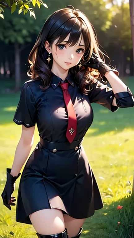 A girl is posing for a photo, cute女の子, Enchanting girl, Anime Girls, 
(((One Girl, Baby Face, cute, 16 years old))), 

(smile), 
(noon、(A garrison in the sunlight、grass)), ((Walking、Cowboy Shot))
BREAK 

(Black Hair、Hair blowing in the wind、Curly Hair、Long Hair), (black eye, Very droopy eyes), BREAK 

(((m1l1t4ry, Red tie, Black long gloves, Black Dress, High heel boots, hunting)))、Earrings、
BREAK 

(Symmetrical facial features, Perfect Face), (Beautiful breasts, (Ｃcup)), 
Beautiful body, Beautiful clavicle, Beautiful thighs, Beautiful feet, Perfect round butt, (Beautiful fingers), (((Detailed skin, Oily skin, Textured skin, Beautiful Skin))), 

Double eyelids, Long eyelashes, 
(Expression of fine eyes, Beautiful and delicate eyes, Sparkling eyes, Eye Reflexes), 
(Beautiful Nose,Thin Nose), 
(Glossy Lips, Beautiful Lips, thick lips), 
(Beautiful Hair, Shiny Hair, Shiny Hair)), 
BREAK 

(((highest quality)), ((masterpiece)), (Very detailed), (High resolution), (Beautiful detailed sparkle), (High detail), (Anatomically correct)), ((Realistic)), 
(The best CG), Ultra-detailed art, CG illustration, (16k, 1080P), Oil paints, 
