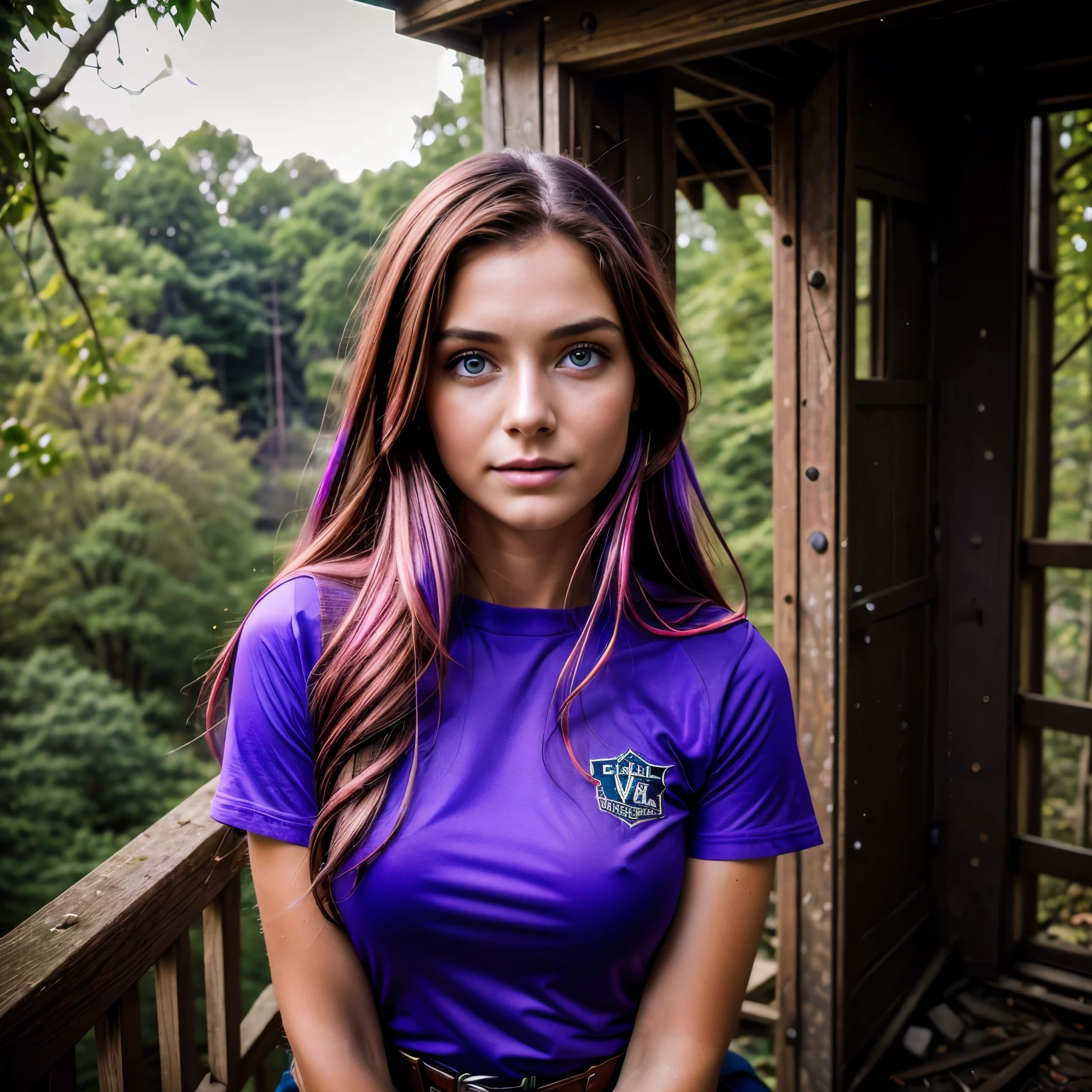gritty raw photo of {beautiful young woman, 20 years old, long brown hair with colorful (violet, pink and blue) streaks, bright gray eyes}, [[climbing an old abandoned tower overgrown with ivy and moss, wearing a climbing harness and gloves]], [[focused and determined look, ruins telling stories of the past, youthful energy contrasting the historical setting]], fully covered, hyperrealism, 8K UHD, realistic skin texture, flawed skin, shot with Canon EOS 5D Mark IV, highly detailed, masterpiece

