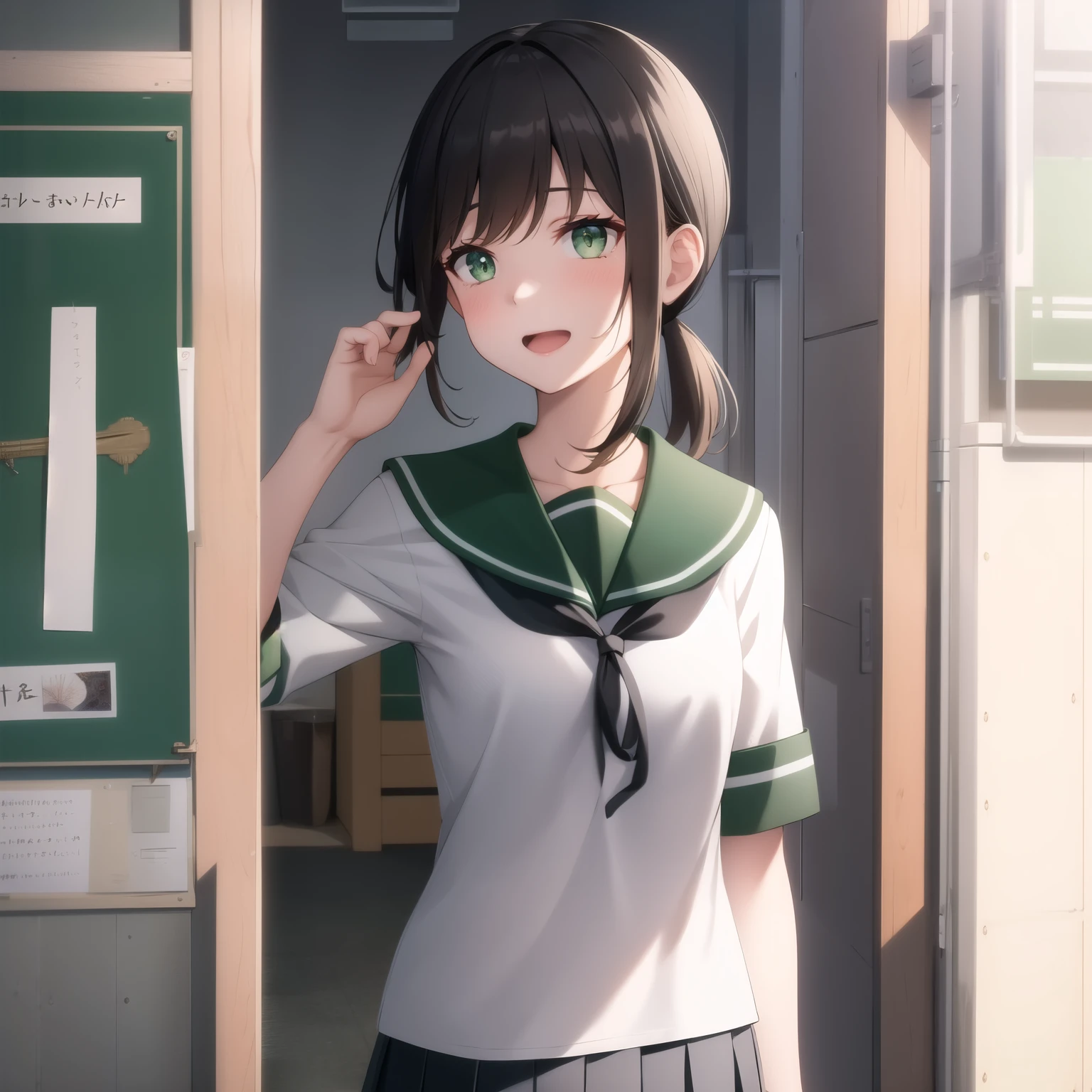 emerald eyes,nsfw,from front,sad,surprised ,open mouth,studio,upper body,portlate,(masterpiece, best quality:1.2),illustration,8k,hd,1girl,solo,black_hair,short_ponytail,serafuku,sidelocks,low_ponytail,green_eyes,smile,black_eyes,school_uniform,pleated_skirt,skirt,
