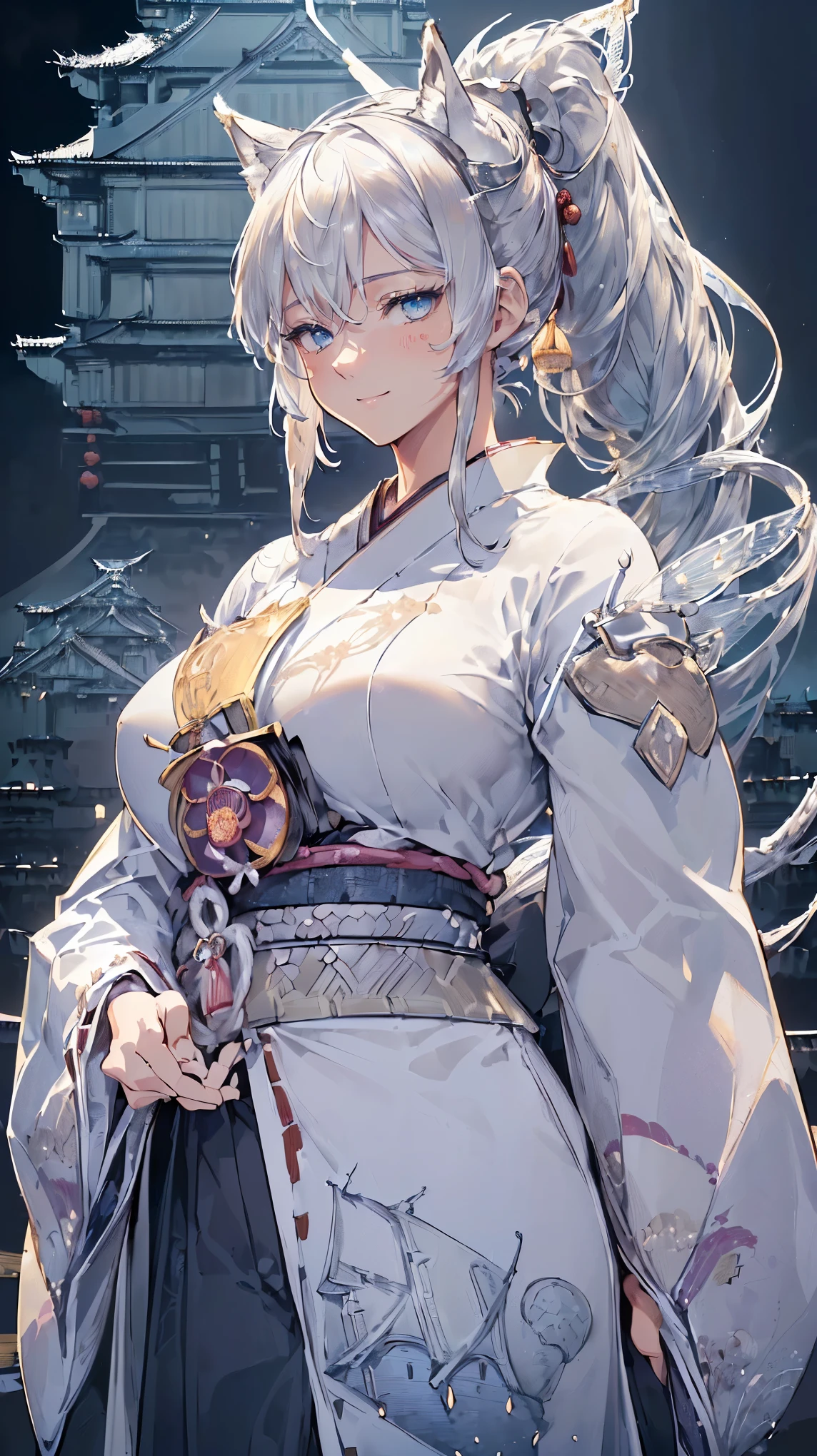 (((Masterpiece))), (((Highest quality))), ((Ultra-detailed)), ((Super fine illustration)), ((Ultra-fine painting)), (16K highest quality wallpaper:1.4), (Upper body:1.4), HDR, (Highly detailed and delicate illustration style:1.8), Detailed skin texture, Detailed cloth texture, Extreme detailed description, (T-masterpiece), (Highly detailed face:1.4), (Highly detailed silver fox ears:1.3), (Highly detailed beautiful ponytail:1.2), (Highly detailed beautiful eyes:1.2), Original, RAW photo, Professional, Intricate details, Super details, Direct light:1.6, (Perfect anatomy:1.4), (Highly detailed hands:1.2), (Highly detailed fingers:1.2), (Highly detailed fingertips:1.2), (27-years-old), Real, (Solo:1.8), ((A very beautiful and attractive silver fox fashion model:1.4)) BRAKE (Beautiful and adorable silver fox ears:1.6), (Highly detailed and delicate silver fox ears:1.4), (Beautiful and well-shaped big breasts:1.2), (Beautiful and well-shaped buttocks), (Beautiful and shiny silver ponytail:1.4), (Highly detailed and delicate silver ponytail:1.2), (Beautiful and clear blue eyes:1.6), (Highly detailed and delicate blue eyes:1.4), (Highly detailed face:1.4), (Smile:1.5), (Blush:1.2), (Looking at viewer:1.4) BRAKE (Dark colored highly detailed kimono armor:1.4), (Dark colored highly detailed long hakama armor:1.4), (Japanese traditional costume:1.2) BRAKE (Concept art:1.2), (Detailed fantasy art:1.2) BRAKE ((Highly detailed and delicate Japanese castle background:1.6), Japanese style castle:1.4, Highly detailed and beautiful moon and starry sky background:1.4) BRAKE