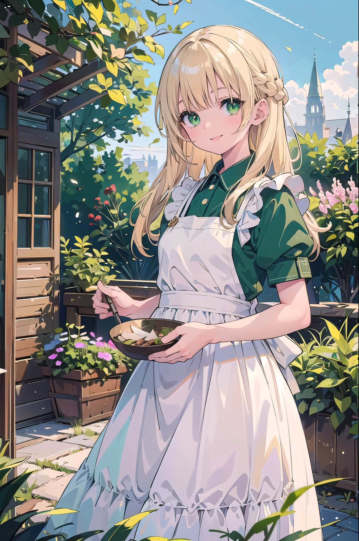masterpiece, highest quality, Super detailed, Beautiful lighting, With a girl, White apron, blonde, (Green Eyes: 1.3), Are standing, Parks are prohibited, Beautiful views, Mild hot flashes, smile, (cute smile: 1,1), (Bright lips: 1,1), (Beautiful Eyes: 1,1), Long-haired, Harvesting herbs in the garden, Platinum blonde