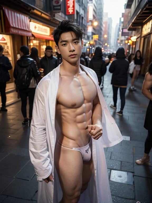 1 hombre coreano, 20 yo, solamente, obra maestra, Cara perfecta, cuerpo musculoso, cuerpo completo, (pecho desnudo), pecho musculoso, Abs, vistiendo un frac detallado, monocle, tiene, pelo corto, Bonitos ojos azules, manos perfectas, guantes, Strict and dynamic posture, personal, Nardack, Street background of a Magical City, with magic circles, Rayos de fondo , (nude , naked) ,  ((wearing micro string thong))  ,(stocking garter)