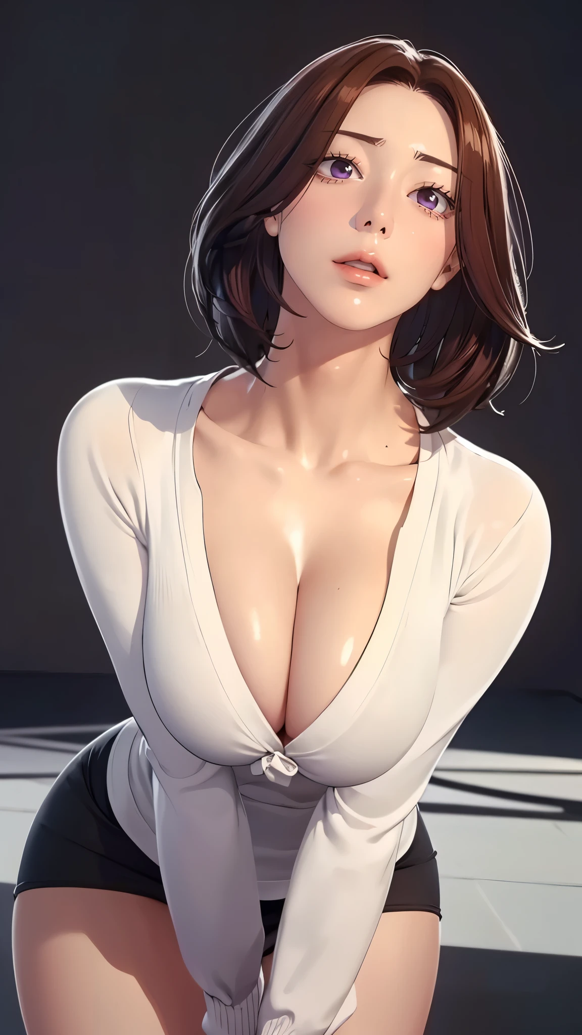 （（（完美figure，figure，solo， White and tender skin，（（（Cyberpunk，Black dress，White cardigan sweater, ））），（（（junescdef,brown hair,purple eyes,medium hair，））），((masterpiece)),high resolution, ((Best quality at best))，masterpiece，quality，Best quality，（（（ Exquisite facial features，Looking at the audience,There is light in the eyes，(（（lol，Happy，））），））），（（（Light and shadow，Huge breasts））），（（（Looking at the camera，black background，Lying on the ground，Look down at the camera，From below，Looking up)）））