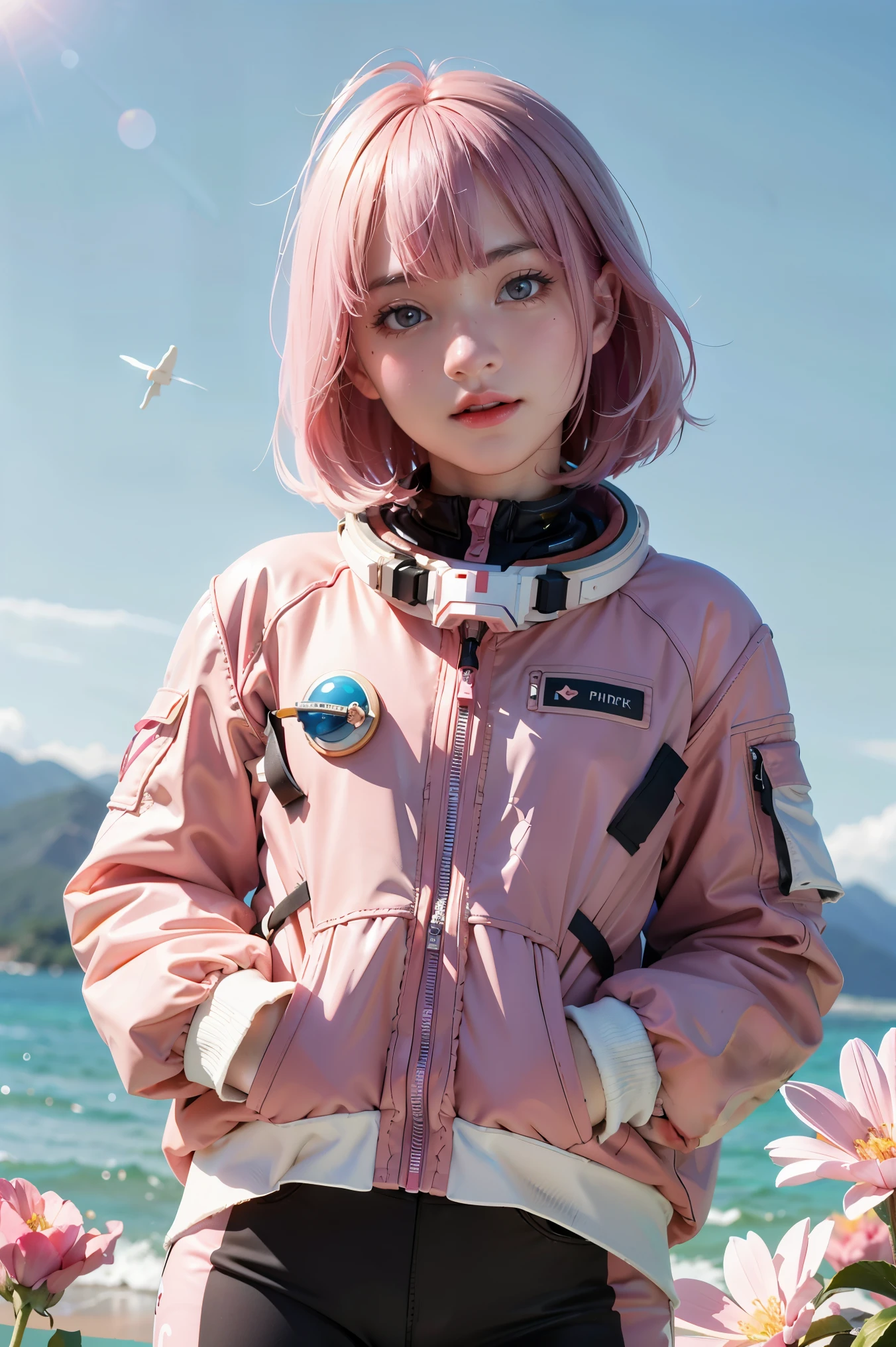 (best quality, masterpiece), 1girl, pose, particle, wind, flower, upper body, simple background, looking at viewer, pink hair, galaxy, space suit, 