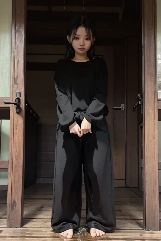 Japanese Girl sees the ghost and pees her black palazzo pants until her pants are wet in fright.