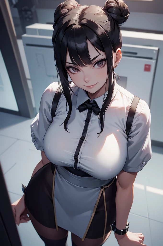 womam,woman,solo,juri han, work of art, tight white secretary shirt with black tie, black high waist skirt, short skirt, black hair, black tights,evil smile,office,franja nos olhos,lighting,chifre de cabelos,view from above,olhando para cima,maquiagem nos olhos