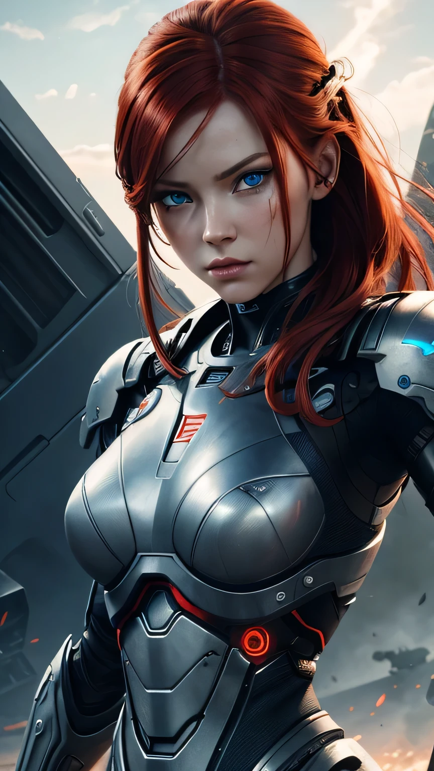 cyborg girl, blue eyes, battle field, close look, red hair, masterpiece, realistic digital, abstract background, global illumination, intricate, epic, dramatic, masterpiece, high detail, best quality, ultra high res
