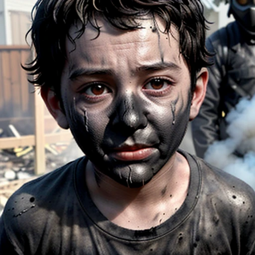 A little boy plays the lead role in a comedy movie, covered in soot and left in tatters after a bomb explodes during filming