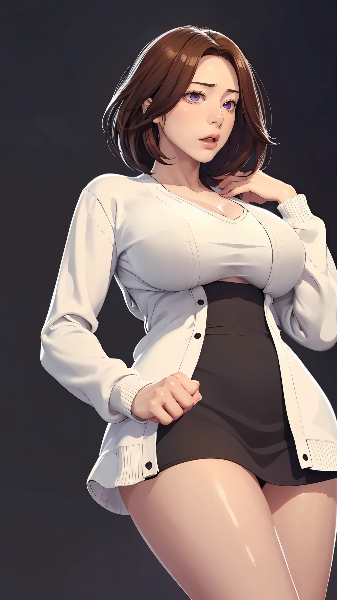 （（（完美figure，figure，solo， White and tender skin，（（（Cyberpunk，Black dress，White cardigan sweater, ））），（（（junescdef,brown hair,purple eyes,medium hair，））），((masterpiece)),high resolution, ((Best quality at best))，masterpiece，quality，Best quality，（（（ Exquisite facial features，Looking at the audience,There is light in the eyes，(（（lol，Happy，））），））），（（（Light and shadow，Huge breasts））），（（（Looking at the camera，black background，Lying on the ground，Look down at the camera，From below，Looking up)）））