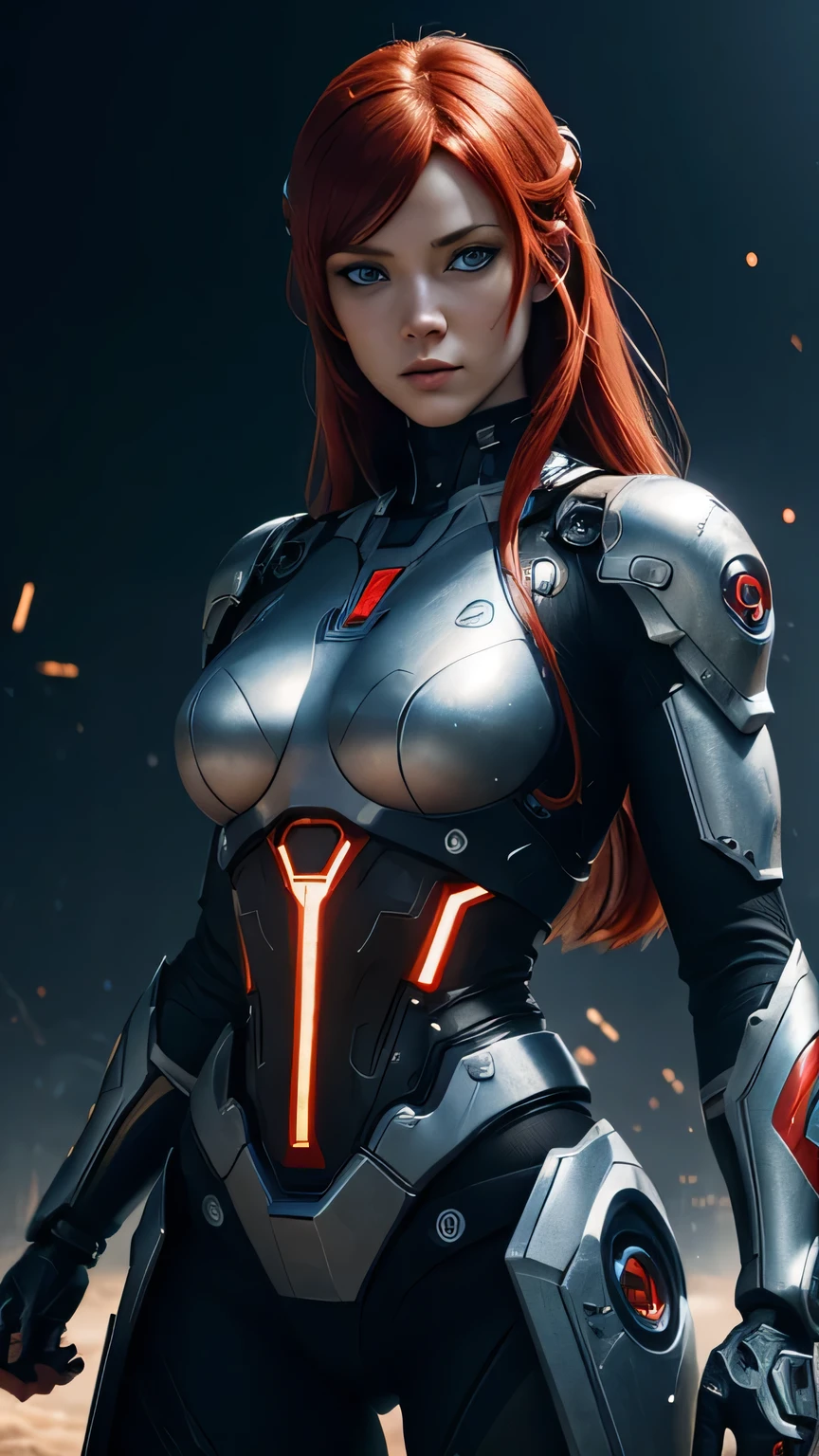 cyborg girl, blue eyes, battle field, close look, red hair, masterpiece, realistic digital, abstract background, global illumination, intricate, epic, dramatic, masterpiece, high detail, best quality, ultra high res