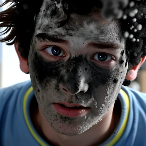 Close-up of a boy coming out of a science lab covered in soot after a gas explosion during the filming of a comedy movie