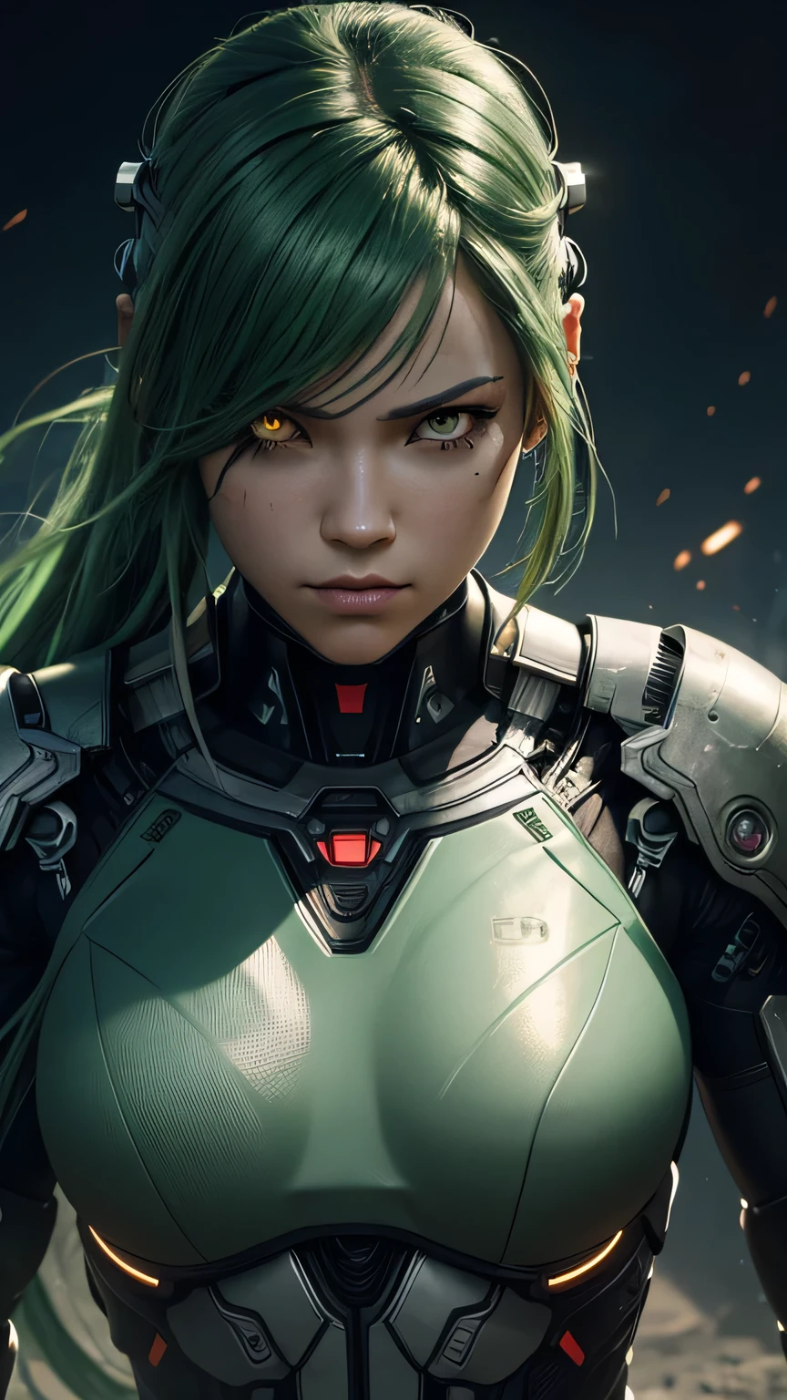 cyborg girl, fighting pose, white eyes, battle field, close look, green hair, masterpiece, realistic digital, abstract background, global illumination, intricate, epic, dramatic, masterpiece, high detail, best quality, ultra high res