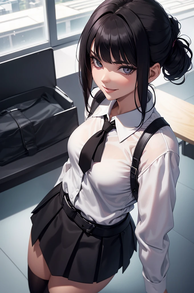 womam,woman,solo,juri han, work of art, tight white secretary shirt with black tie, black high waist skirt, short skirt, black hair, black tights,evil smile,office,franja nos olhos,lighting,chifre de cabelos,view from above,olhando para cima,maquiagem nos olhos,olhos penetrantes