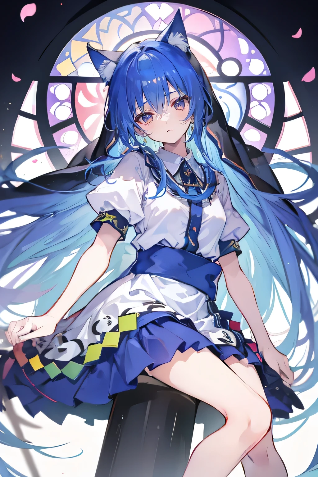 (masterpiece:1.2),Extremely detailed,Practical,expressive eyes,Fair skin,Perfect face shaping,1 Girl,
Japanese cartoons,Gorgeous blue hair, the long flowing blue hair,Floating clothes,Cat ears,Petals fall,beautiful lola,Angel,
Place your hands on your waist,sit elegantly on the ground,Cross your legs,Gentle and peaceful background,stately church,nun.
