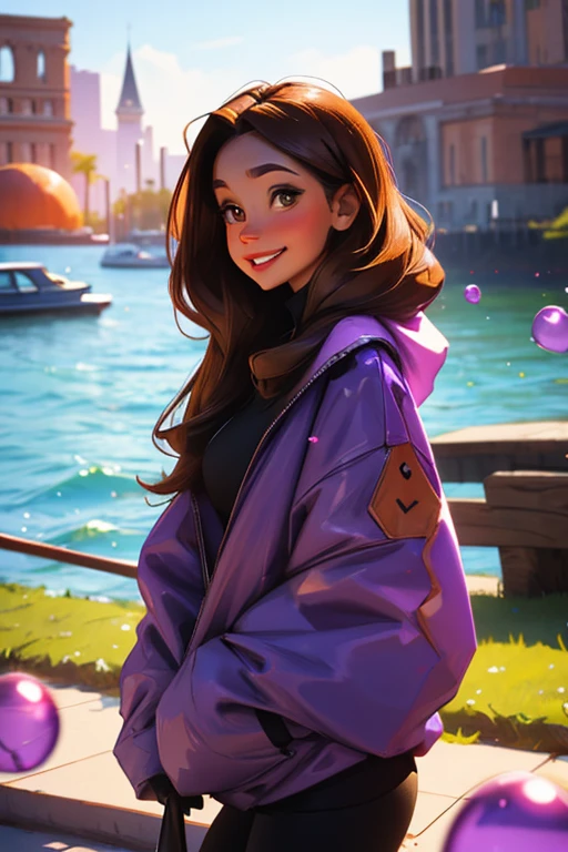 A brown haired woman with copper eyes and an hourglass figure in a sweatshirt dress is smiling in a sea of purple bubbles at the park