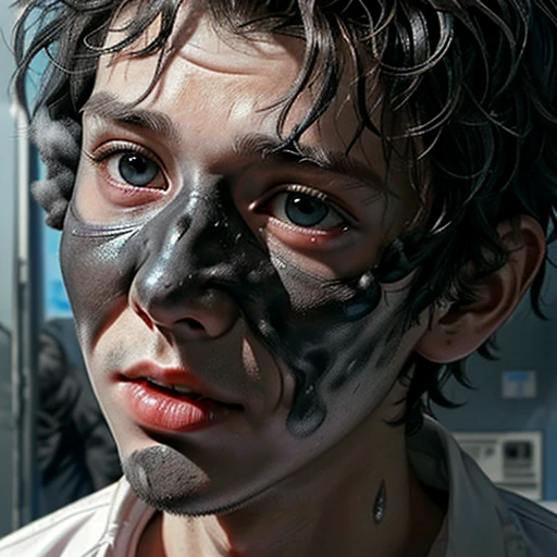 Close-up of a boy coming out of a science lab covered in soot after a gas explosion during the filming of a comedy movie