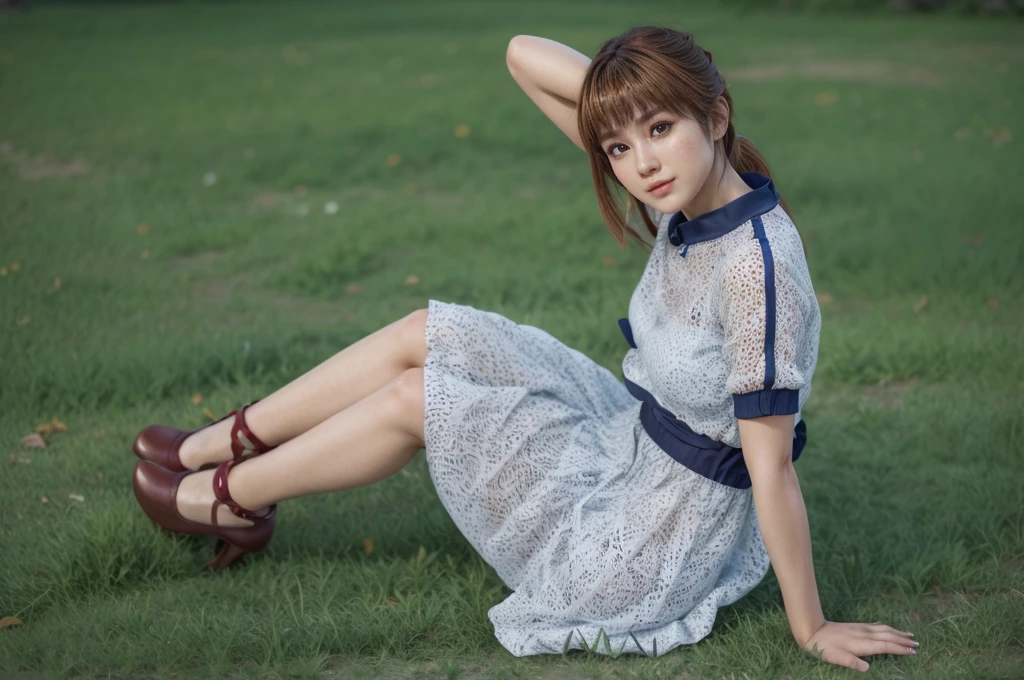 Kasumi, brown eyes, (best quality, ultra-detailed), (realistic:1.37), beautiful and detailed face, ultra-realistic texture, delicate face, delicate body, red lipstick, bright colors. High definition, 8K, well defined legs, cute smilling expression
