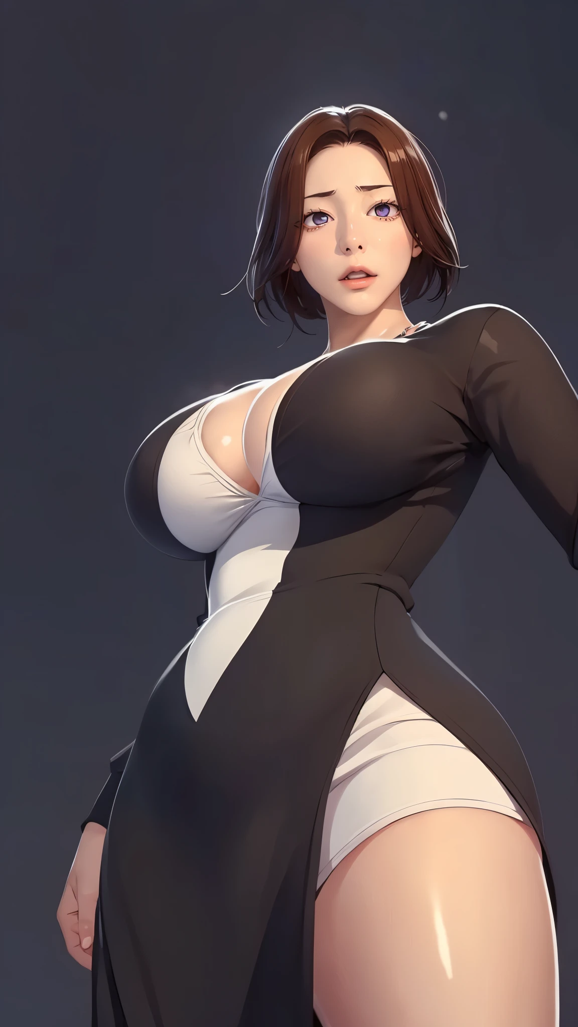 （（（完美figure，figure，solo， White and tender skin，（（（Cyberpunk，Black dress，White cardigan sweater, ））），（（（junescdef,brown hair,purple eyes,medium hair，））），((masterpiece)),high resolution, ((Best quality at best))，masterpiece，quality，Best quality，（（（ Exquisite facial features，Looking at the audience,There is light in the eyes，(（（lol，Happy，））），））），（（（Light and shadow，Huge breasts））），（（（Looking at the camera，black background，Lying on the ground，Look down at the camera，From below，Looking up)）））