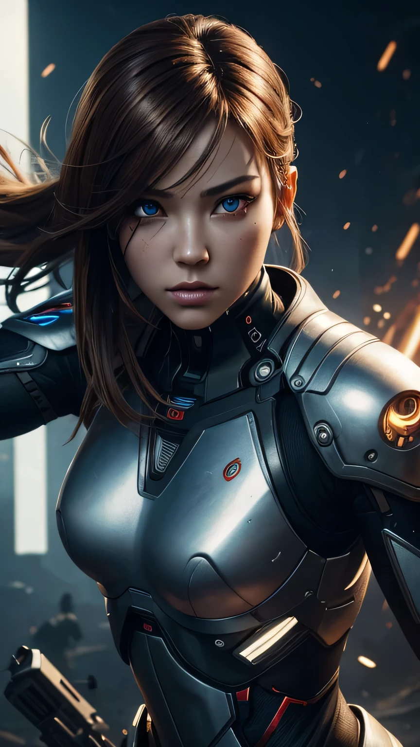 cyborg girl, killing enemy, beautiful eyes, battle field, close look, hazel hair, masterpiece, realistic digital, abstract background, global illumination, intricate, epic, dramatic, masterpiece, high detail, best quality, ultra high res