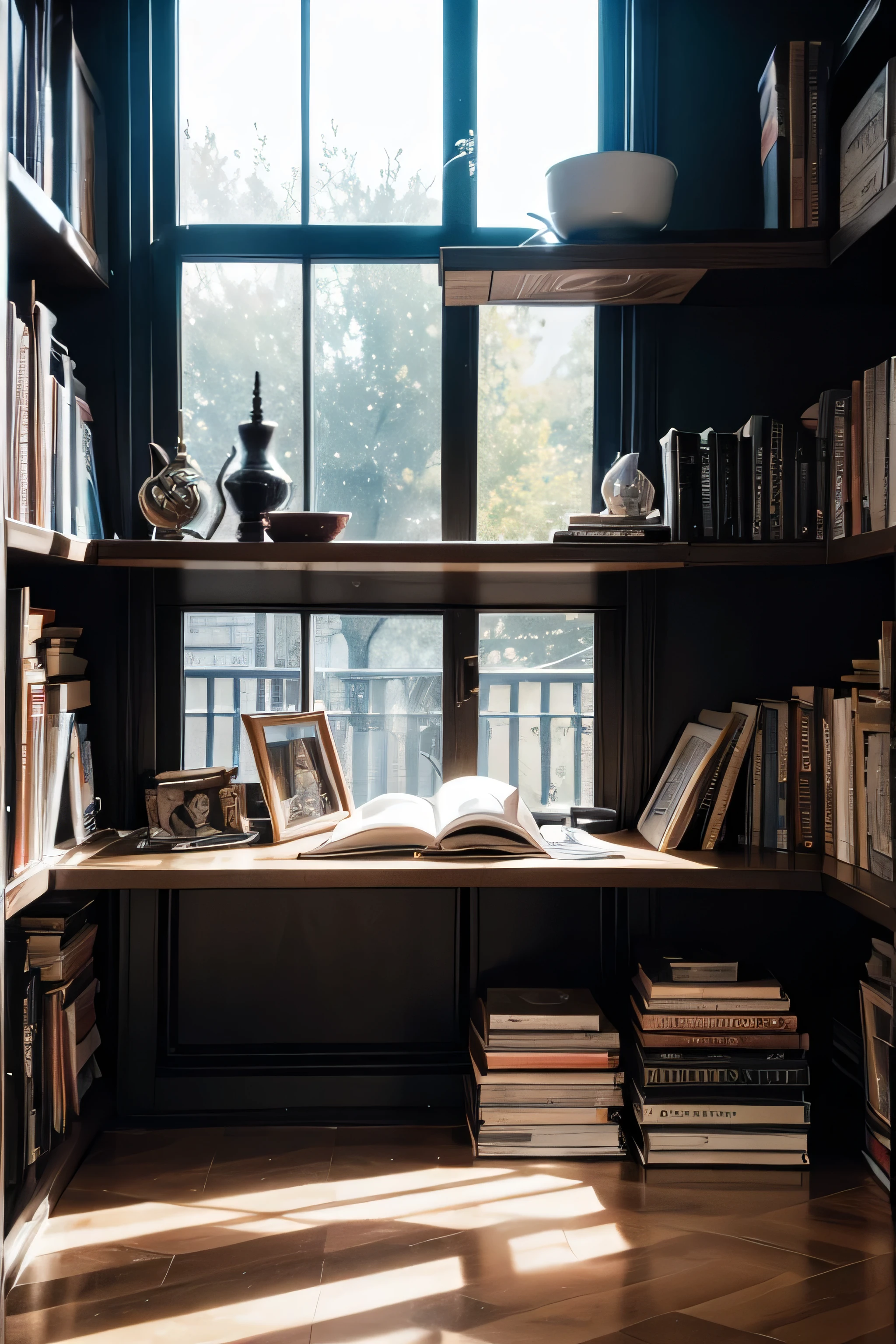Huge realistic and vibrant bookshelf aesthetic image with left side lighting and shadows