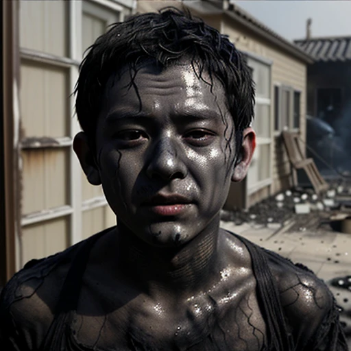 Comedy film shoot、A close-up of a boy coming out of his house covered in soot and in tatters after a gunpowder explosion