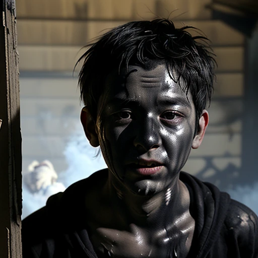 Comedy film shoot、A close-up of a boy coming out of his house covered in soot and in tatters after a gunpowder explosion