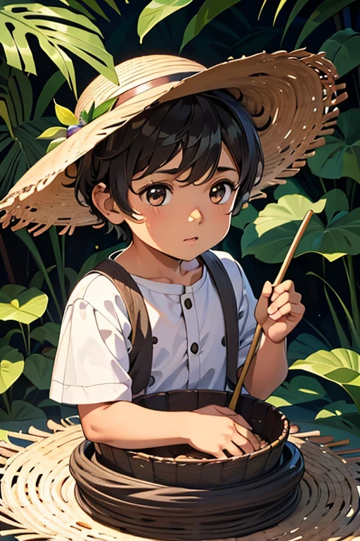 Abraham, a three-year-old boy with brown skin and eyes wearing a straw hat, ajoelhado ao lado de um grande ovo verde com manchas marrons, em meio a folhas e plantas perto de um lago cintilante.