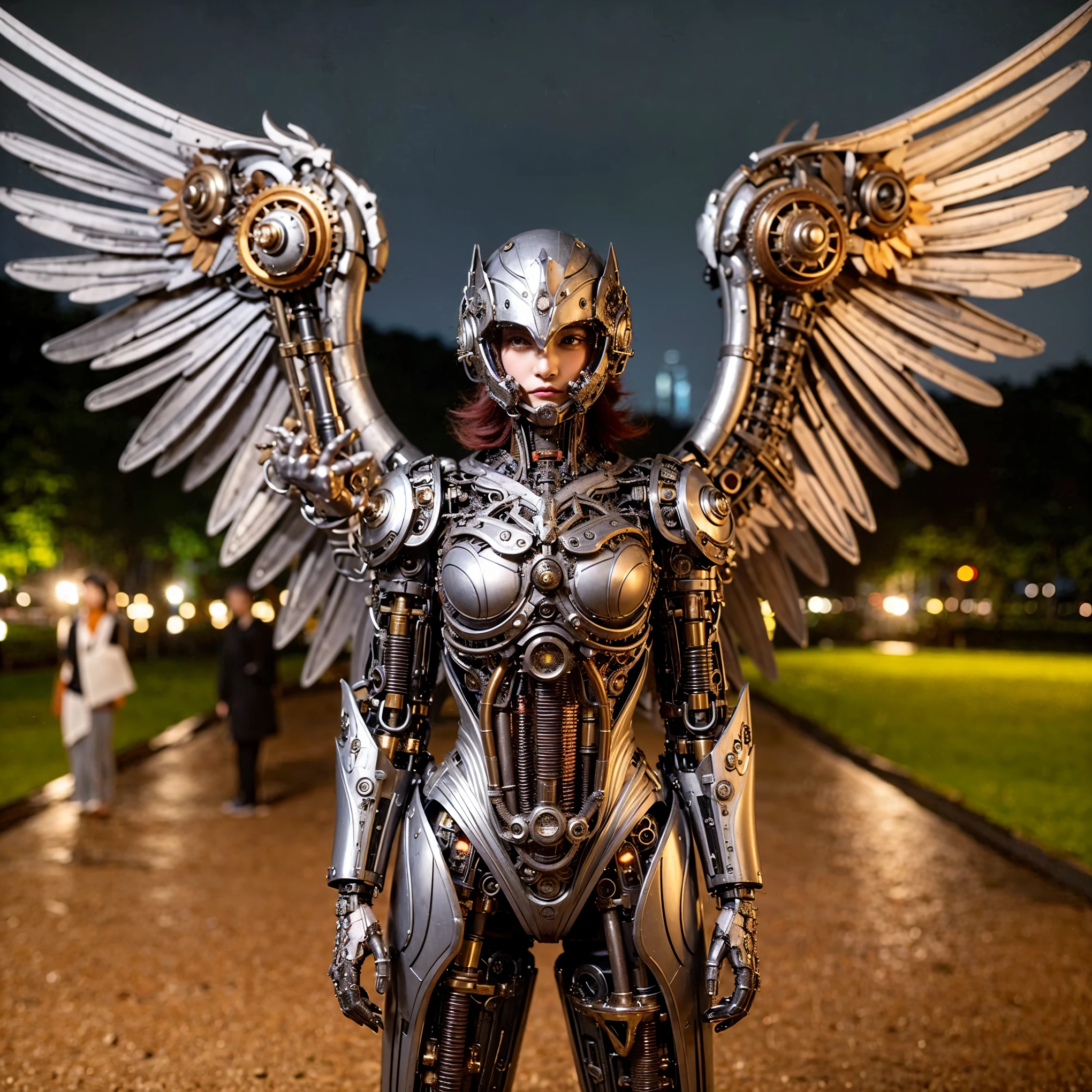 Masterpiece, (ultimate quality:1.2), 8k, Japanese woman in hedgehog-type powered suit, silver base with green and red accents, very beautiful face, mechanical, (mechanical bat wings), hydraulic cylinder, power pipe, ultimately intricate details, full body shot, (ultimate photo Realistic:1.37), Park with a beautiful view at night, (Steampunk: 1.2), (biopunk), Full body photo, Wide-angle shot, Please generate at least 4 photos.