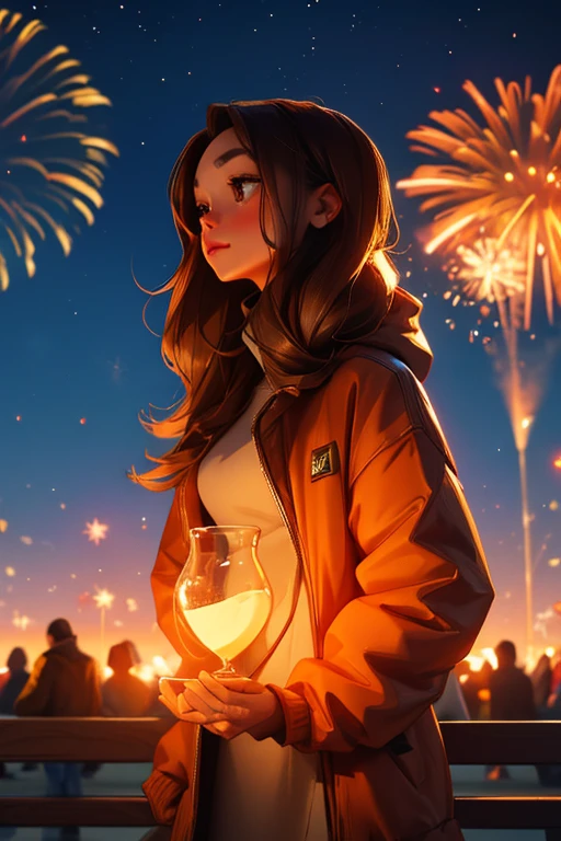 A brown haired woman with copper eyes and an hourglass figure in a sweatshirt dress is watching fireworks at the park