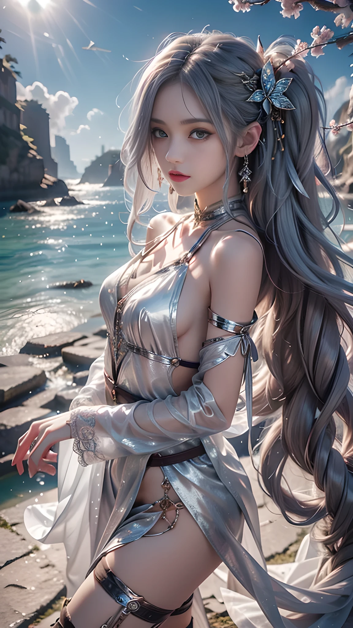 8K, ultra hd, masterpiece, hd colors, 1 girl, perfect face, very long curly hair, detailed eyes, simple clothing, ((silver clothing)), stocking, ((criss-cross lace)), sardine, straps, net clothing, ((long loops)), jwellery, waterside, Realistic scenery, epic scenery, sun rising, evening, clouds, Butterfly, cherry blossom, blowing wind, perfect pose,