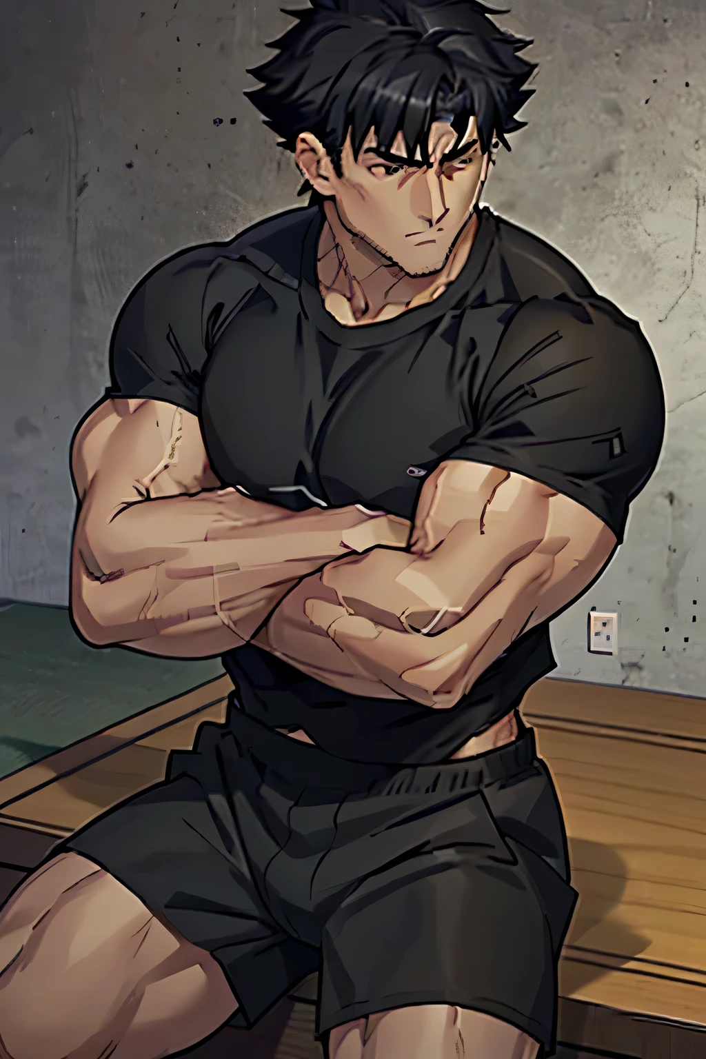 Kiritsugu is sitting and flexing his biceps and abs. He wears black short boxershorts. You can see his thighs. He looks annoyed. He has bulging veins on his arms. He wears a black tshirt with short sleeves. His sleeve is completely rolled up so you can see his entire arm and shoulder. He is showing his abs too.
