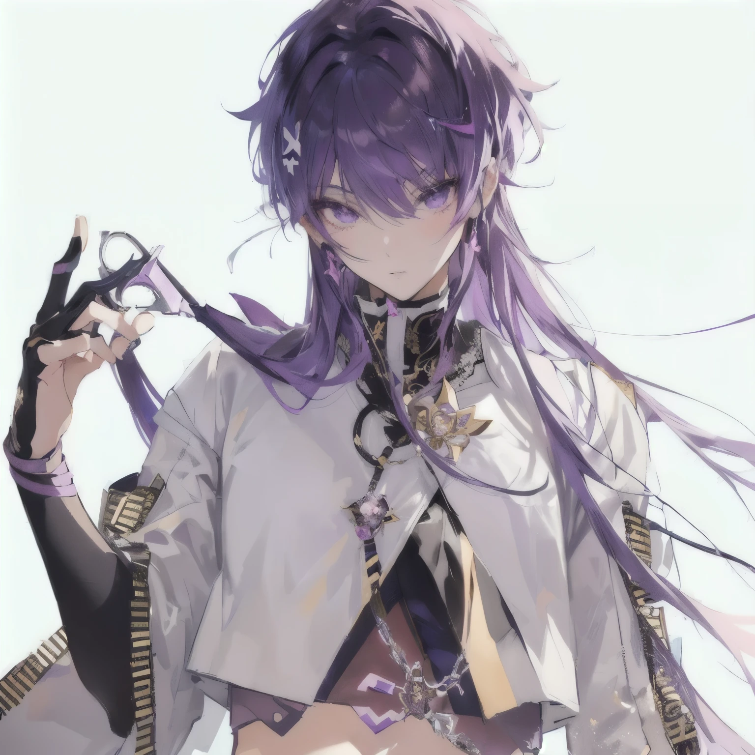 anime girl with purple hair and purple eyes holding a pair of scissors, hajime yatate, keqing from genshin impact, anime character, inspired by Okumura Masanobu, male anime character, nightcore, best anime 4k konachan wallpaper, delicate androgynous prince, detailed anime character art, guweiz