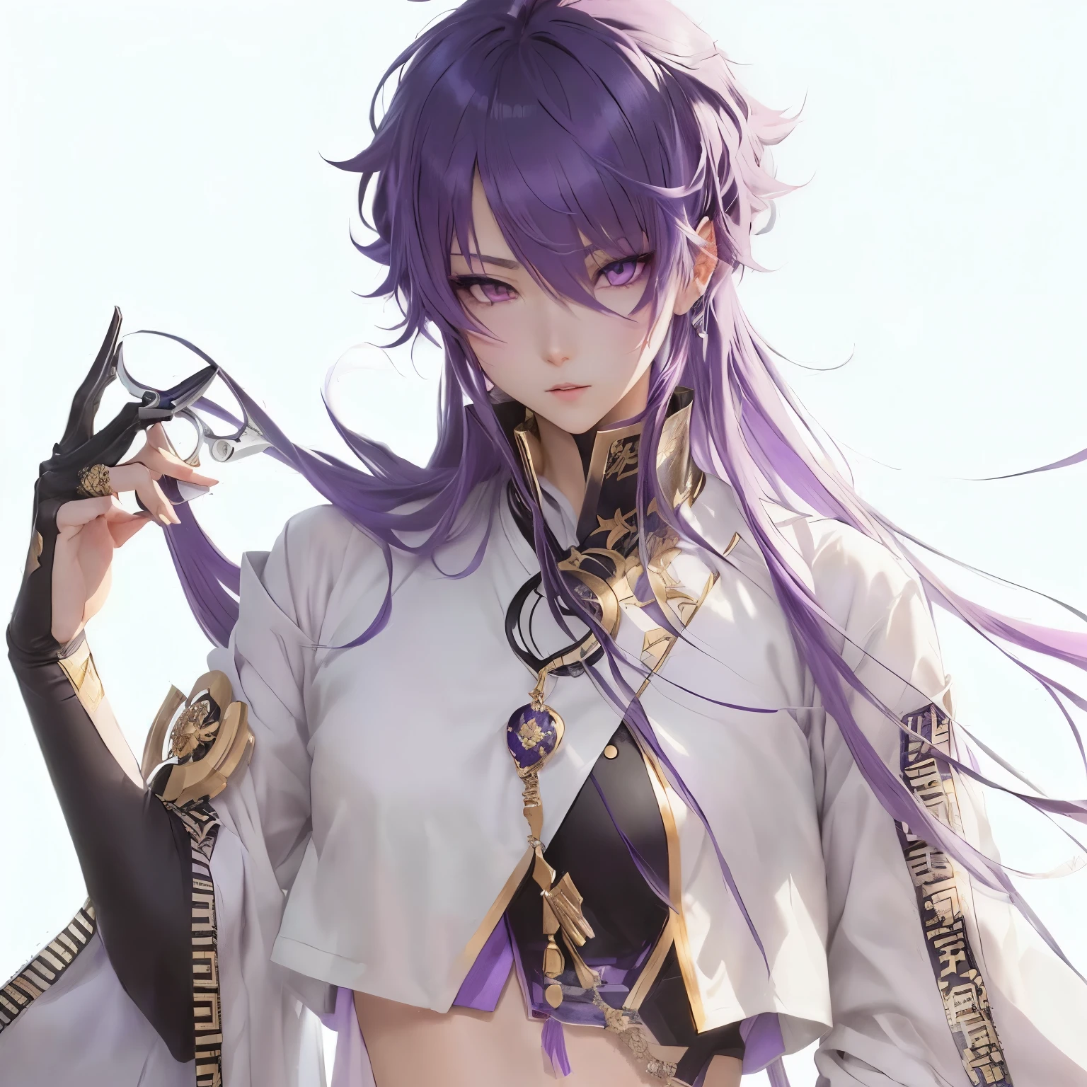 anime girl with purple hair and purple eyes holding a pair of scissors, hajime yatate, keqing from genshin impact, anime character, inspired by Okumura Masanobu, male anime character, nightcore, best anime 4k konachan wallpaper, delicate androgynous prince, detailed anime character art, guweiz