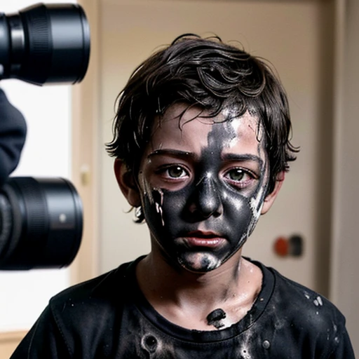 Close-up of a boy actor covered in soot after a gas explosion during the filming of a comedy movie