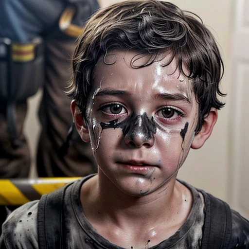 Close-up of a boy actor covered in soot after a gas explosion during the filming of a comedy movie
