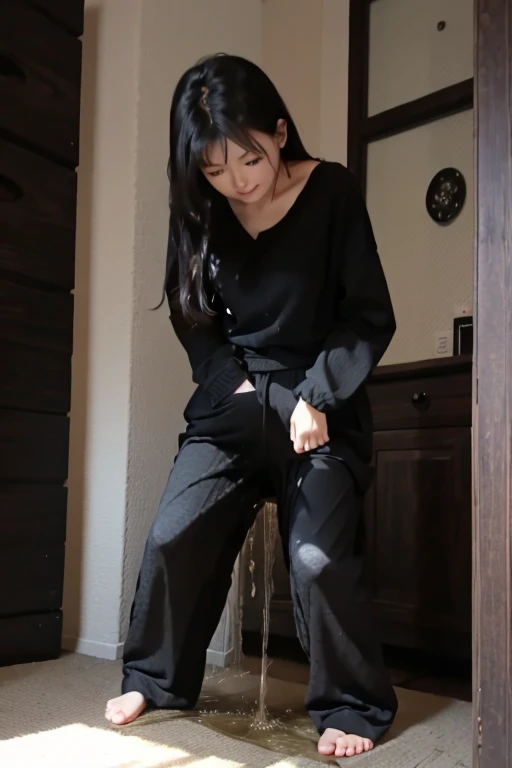 Japanese Girl sees the ghost and pees her black palazzo pants until her pants are wet in fright.