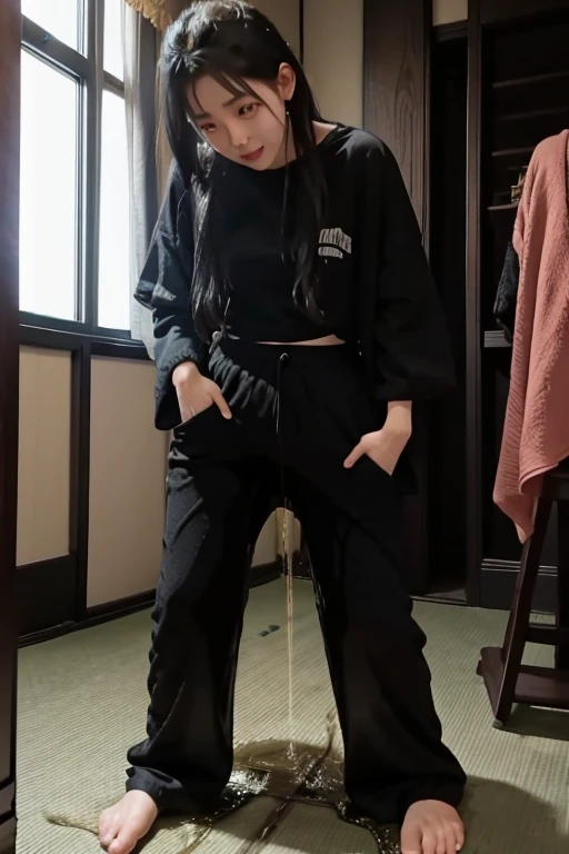 Japanese Girl sees the ghost and pees her black palazzo pants until her pants are wet in fright.