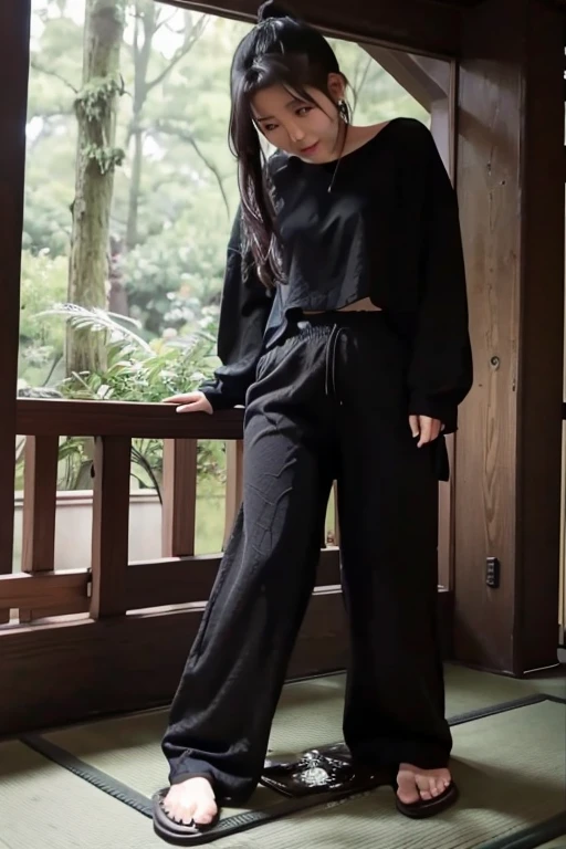 Japanese Girl sees the ghost and pees her black palazzo pants until her pants are wet in fright.