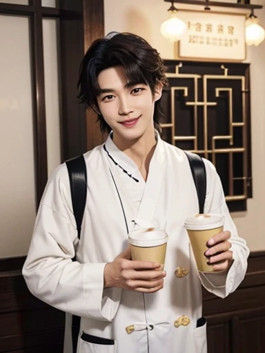  (male character design），（Messy white flying long hair：1.2）, （Affectionately smiling Chinese handsome man Lan Ling is looking at the camera while holding a cup of milk tea），（Pan An’s outfits for modern and fashionable men&#39;s blue sweater suit pants：1.37），Pan An’s skin is fair and flawless，The bridge of his nose is high and straight，(long,Messy shawl hair：1.1），（double eyelids, Bright Eyes, Big clear and bright eyes），sad prince，Food with red lips and white teeth，gentle melancholy，Pan An is tall and tall.，He has a strong physique，Toned muscles，Fresh and toned abs, His exquisite facial features，Kingly style， （Main color blue：0.8）