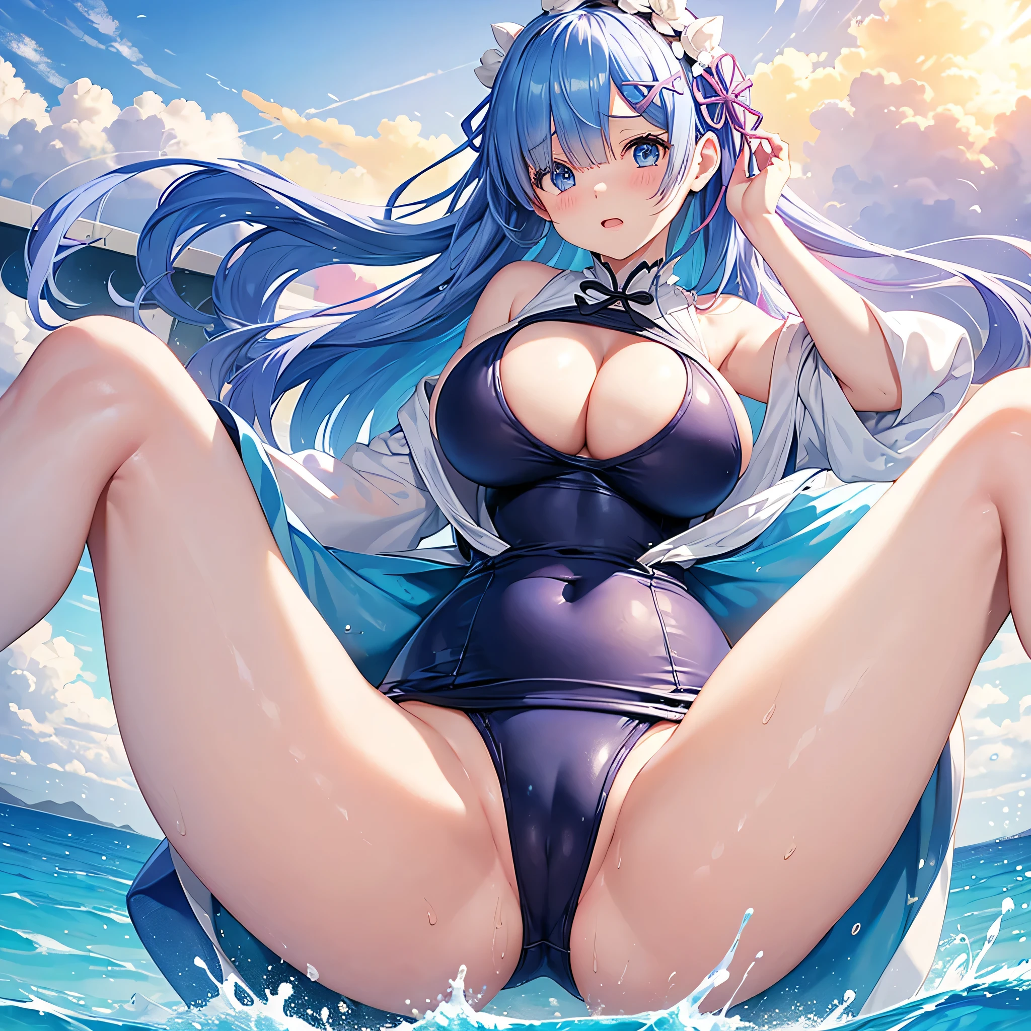 Rem from Re:ZERO -Starting Life in Another World-、Plump、Big boobs、Pool、School、School swimsuit is torn and tight、Embarrassed、M-shaped legs、Spread your legs on your own、Outdoor、The clouds are beautiful。She is flipping up her swimsuit with her hands。