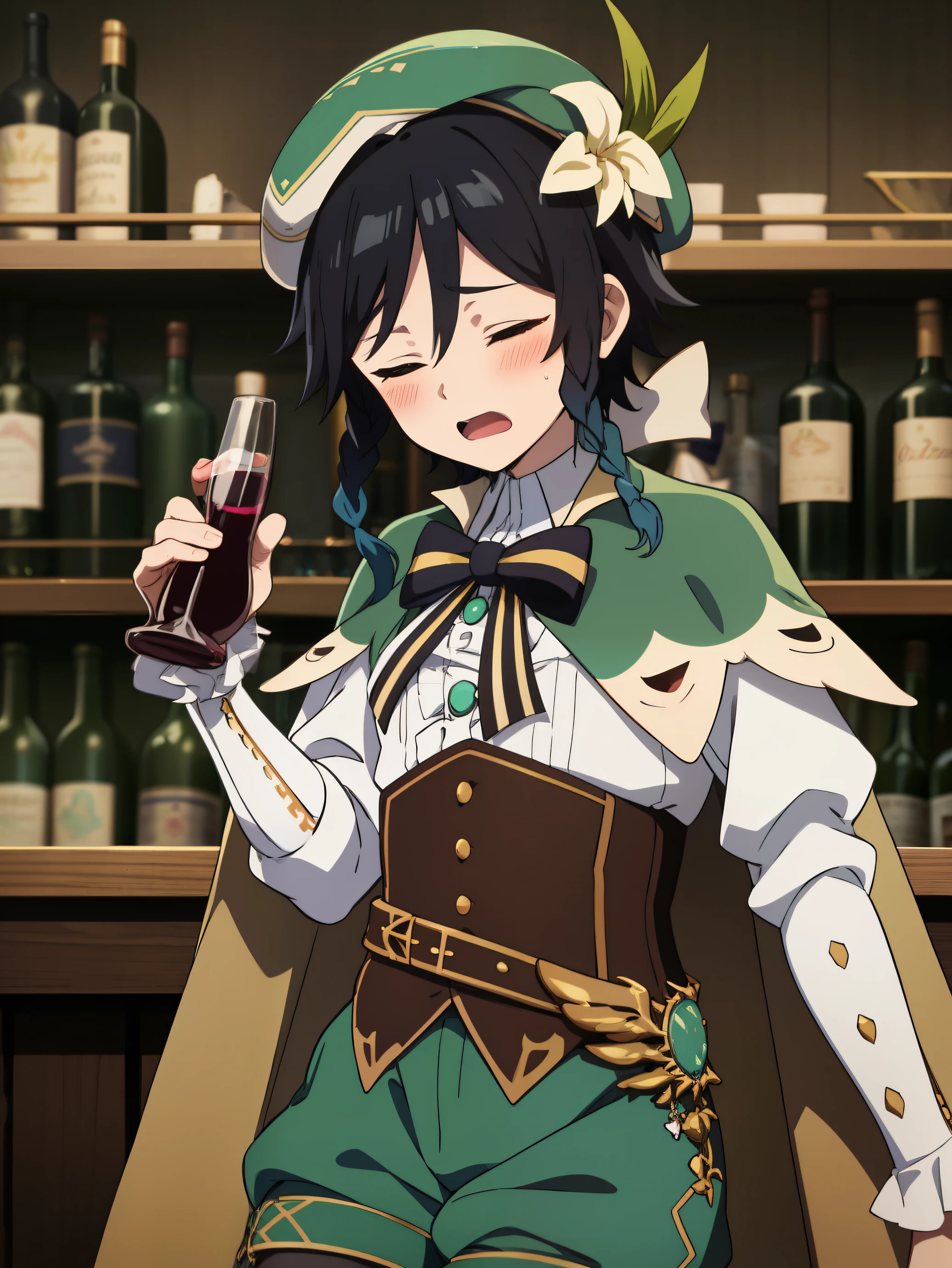 (Masterpiece),(best quality),official art,extremely detailed CG,unity 8k wallpaper,ultra detailed, best quality, 1boy, Boy, Shota, ventidef, beret, hat flower, white shirt, bow, long sleeves, frilled sleeves, corset, cape, green shorts, white pantyhose, jewelry, brooch, holding wine bottle, closed eyes, open mouth, upper body, bar, blushing