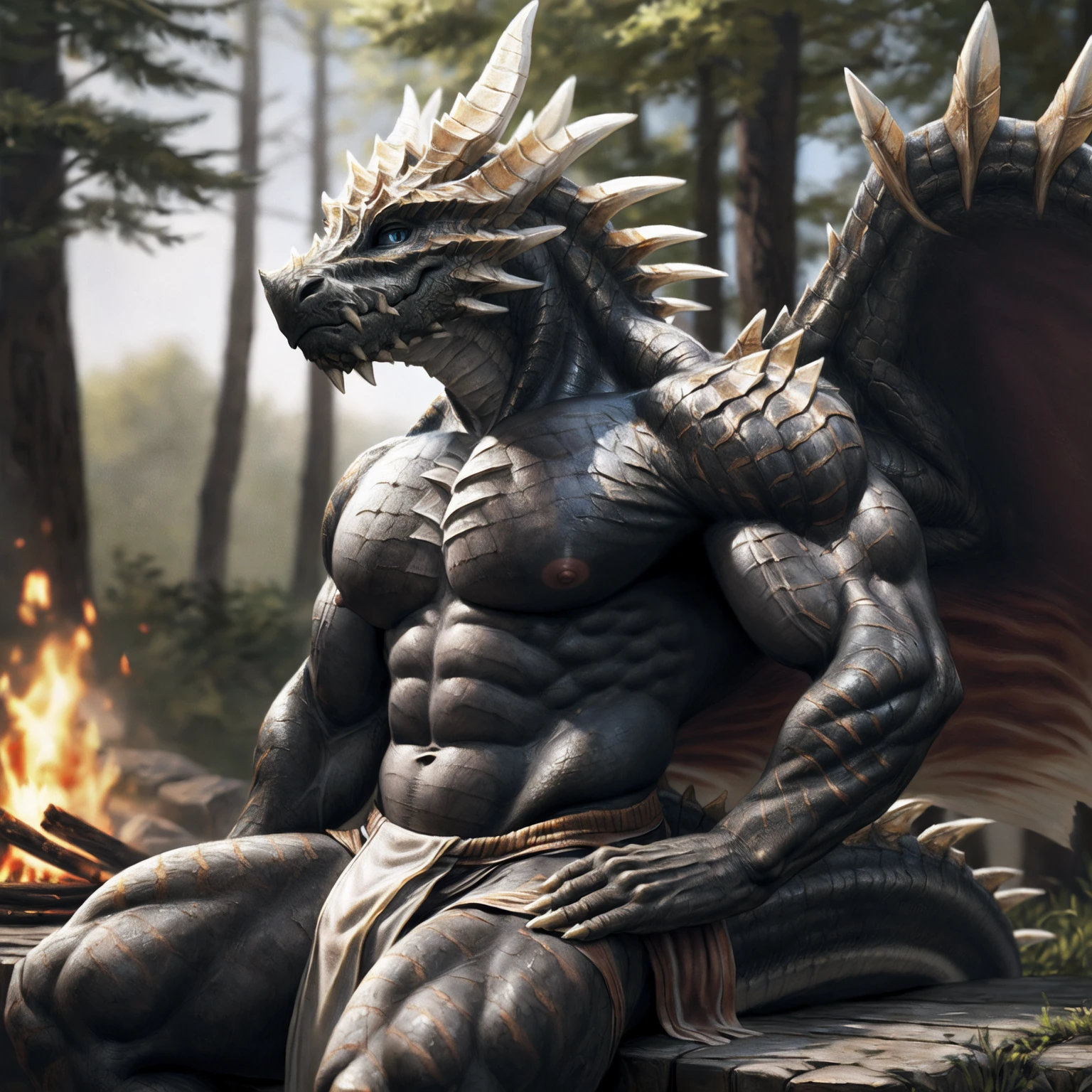 Big wings, Three-quarter view, dragon, (guanzorumu), (black body), big loincloth, , looking at viewer, happy face, sitting front bonfire, detailed forest background, blue eyes, , fitness muscular body,  focus, big bodybuilder body, muscular male, muscular, detailed muscles, detailed scales, bright scales, bright body, detailed face, high detailed, high resolution, high quality, detailed beautiful eyes, (muscular oblique), (muscular v-cut), (hard muscular ), (wide muscular shoulder), (big muscular thighs), (detailed muscular abs), ((huge muscular pecs)), (big muscular biceps), muscular anthro, manly masculine male, full body portrait, by bruteandbrawn, by personalami, by kenket, (intricate, high detail, hi res, film photography, soft focus, RAW candid cinema, photorealism, realistic, photorealistic, analog style, subsurface scattering, best score, absurd resolution, masterpiece, best quality, ultra realistic, 8k)