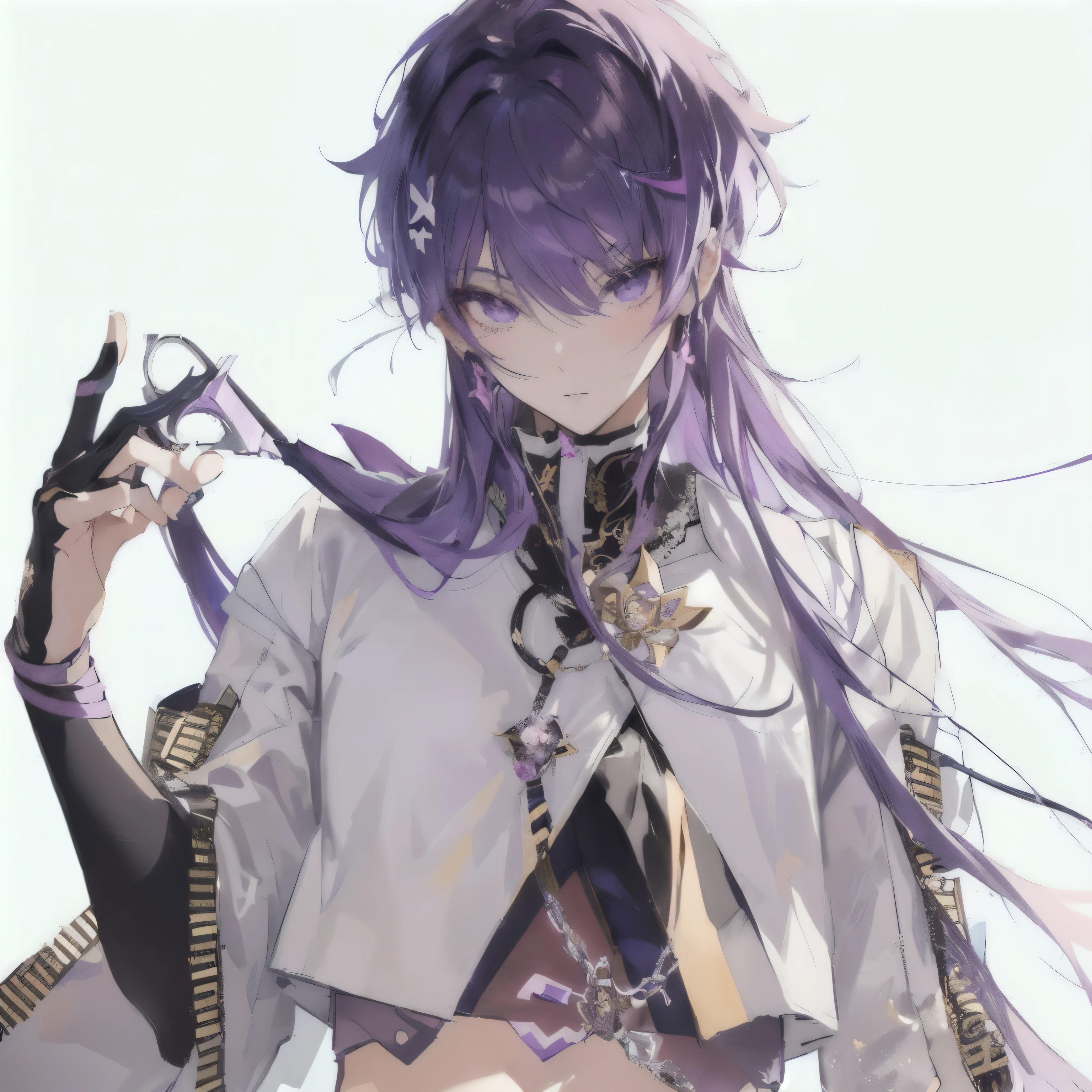 anime girl with purple hair and purple eyes holding a pair of scissors, hajime yatate, keqing from genshin impact, anime character, inspired by Okumura Masanobu, male anime character, nightcore, best anime 4k konachan wallpaper, delicate androgynous prince, detailed anime character art, guweiz