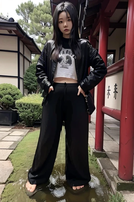 Japanese Girl sees the ghost and pees her black palazzo pants until her pants are wet in fright.