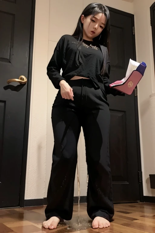 Japanese Girl sees the ghost and pees her black palazzo pants until her pants are wet in fright.
